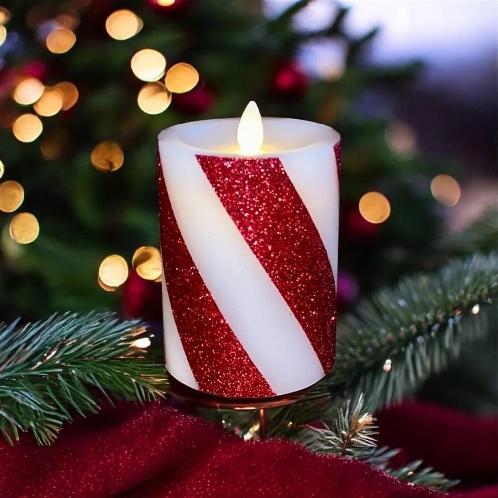 Luminara Candy Cane Wide Red White Glitter Stripe Flameless LED Pillar Candle - Picture 2 of 11